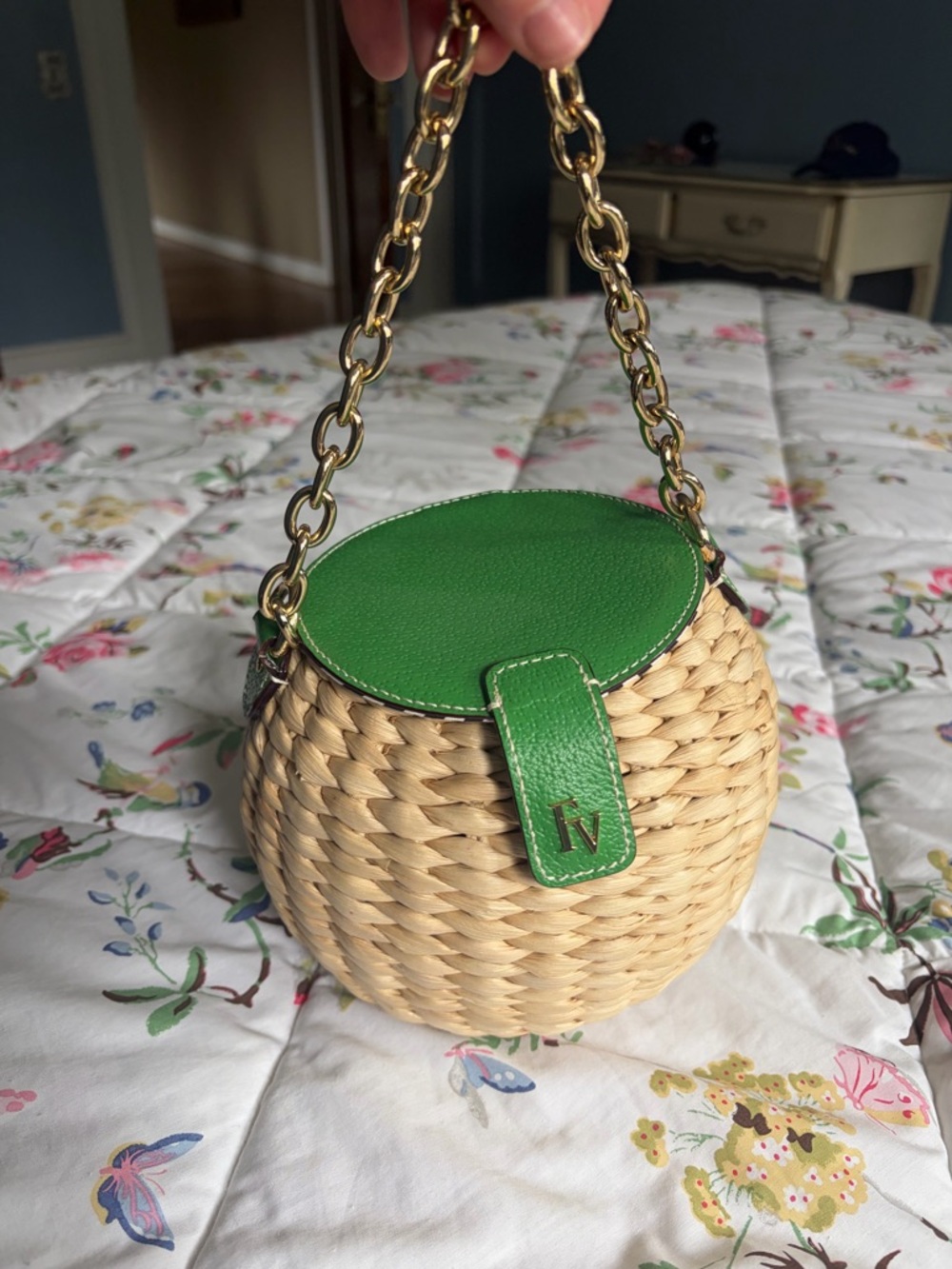 NWOT Francis Valentine honeypot green leather woven straw bag